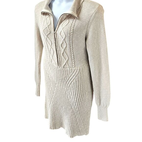 💥Free People XL Zip Front Cable Knit Sweater Mini Dress Beige Boho Cozy Chic - Picture 7 of 15